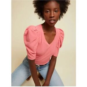 Nation Ltd Jillian Pink Bold Shoulder V Neck Puff Sleeve Top size Small